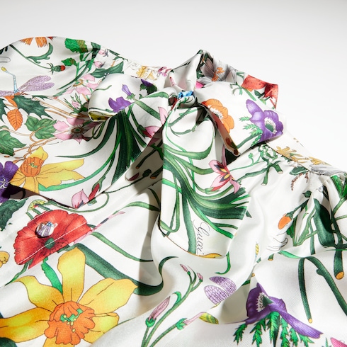 Camicia in twill di seta stampata con fiocco
