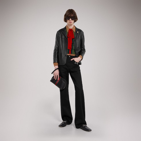 Web Trademark medium pouch in black leather | GUCCI® US