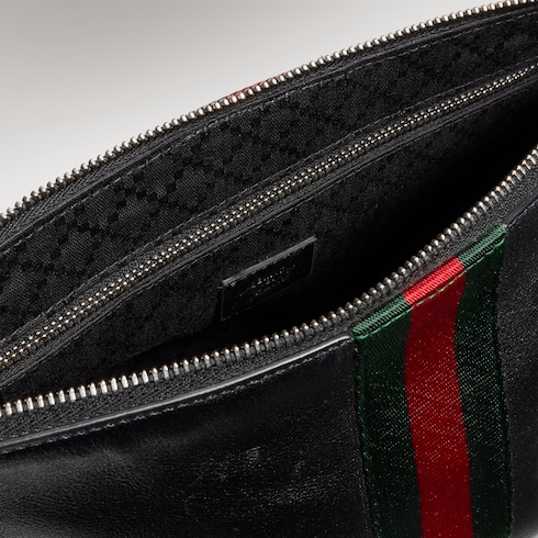 Web Trademark medium pouch in black leather | GUCCI® US