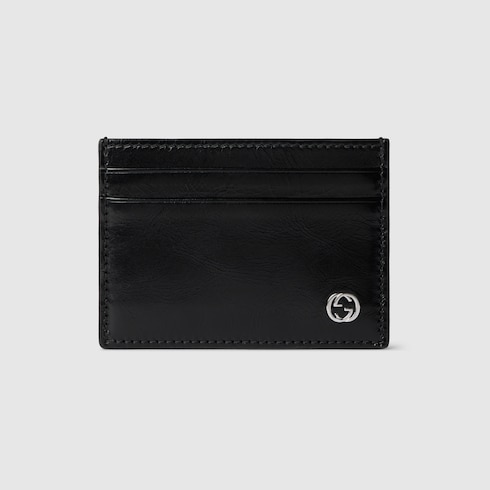 Card case with Interlocking G in black textured leather | GUCCI® US