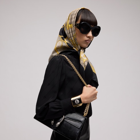 Printed silk twill carré in black and beige | GUCCI® US
