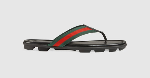 Men's thong sandal with Web in black leather | GUCCI® US