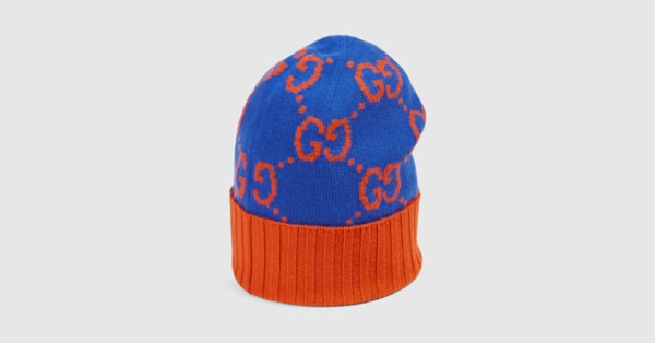 GG knit wool hat in blue and orange 