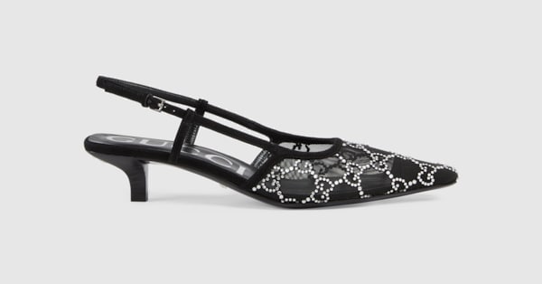 Women's GG crystal slingback pump in black mesh with
