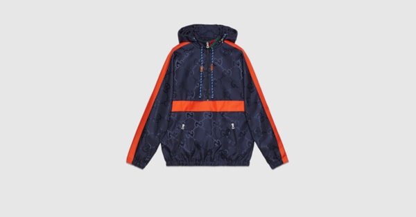 Jumbo GG nylon hooded jacket in blue 