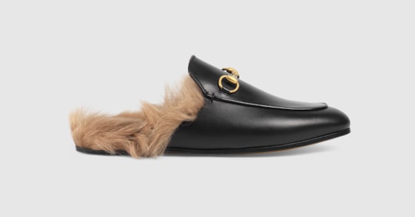 Black Leather Princetown Women's Slipper With Lamb Wool | GUCCI® US