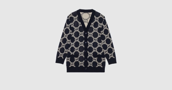 Reversible GG wool jacquard cardigan in blue and ivory