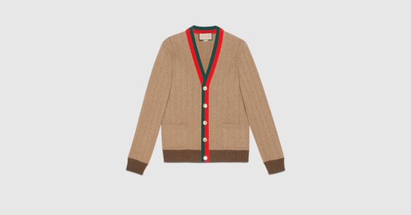 Gucci Rib knit camel cardigan with Web. 9