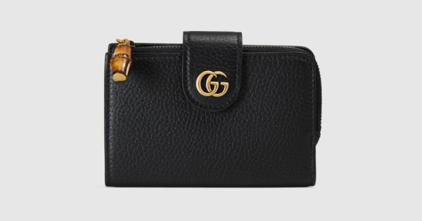 Medium Double G wallet with bamboo in black leather | GUCCI® US