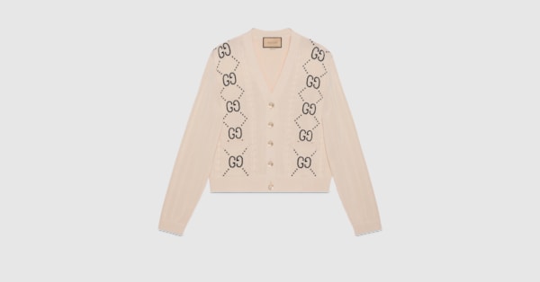 Cotton cardigan with GG intarsia in ivory | GUCCI® GR