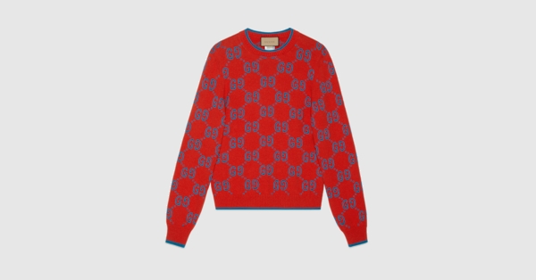 GG knit cotton jacquard sweater in red and blue | GUCCI® Canada