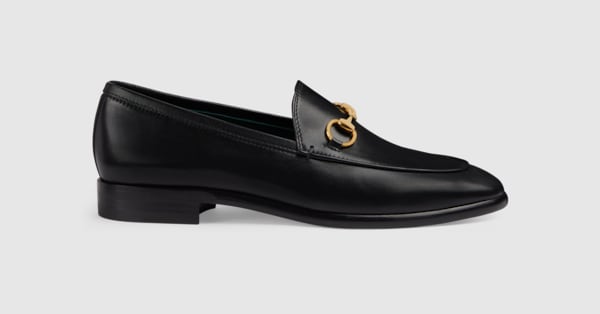 GUCCI Jordaan Loafers Flats Size 36 EU Black Horsebit Logo Gold Dress Shoes