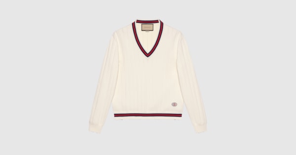 Cotton knit V-neck sweater with Web in ivory | GUCCI® US