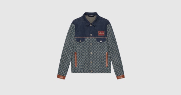 Washed organic denim jacket in dark blue and ivory | GUCCI® US