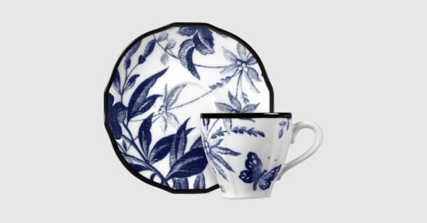 Herbarium coffee cup and saucer, set of two in blue and white