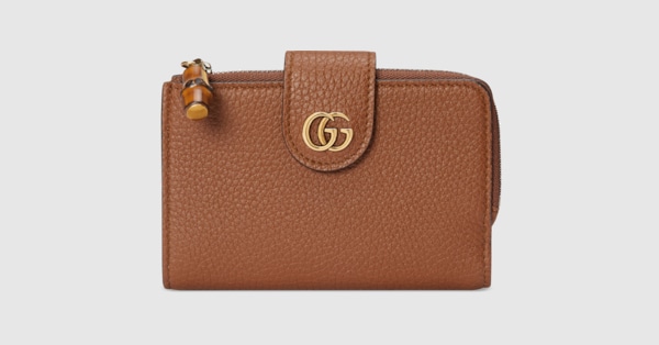 新品同様　グッチ財布　グッチバンブー　グッチGGキャンバス　ブラウン バンブー付き ダブルG ミディアム ウォレット ・ブラウン レザー