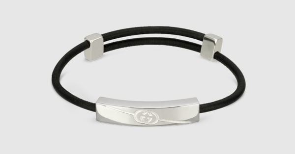 Diagonal Interlocking G bracelet in black leather | GUCCI® US