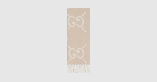 GG cashmere lamé jacquard scarf in camel and white | GUCCI® US