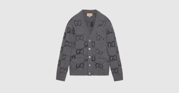 Wool cardigan with GG intarsia in grey | GUCCI® US