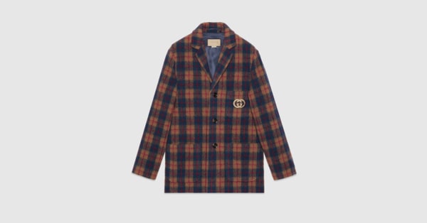 Check wool jacket with Interlocking G in camel and blue | GUCCI® UK