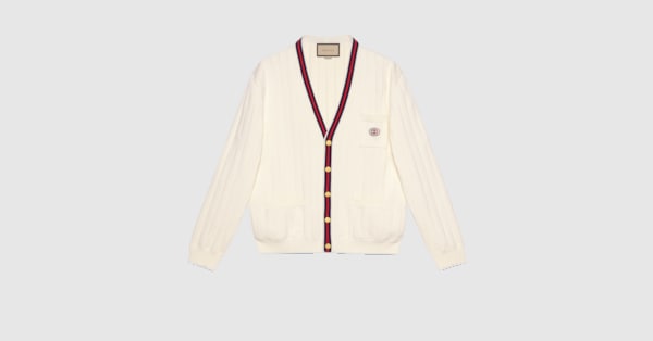 Knit cotton V-neck cardigan with Web in ivory | GUCCI® US