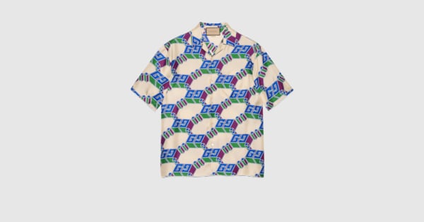 3D GG print silk shirt in ivory and blue | GUCCI® US