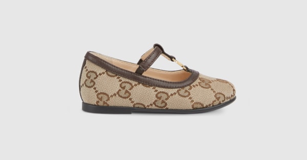 Toddler Double G ballet flat in beige and ebony GG canvas | GUCCI® US