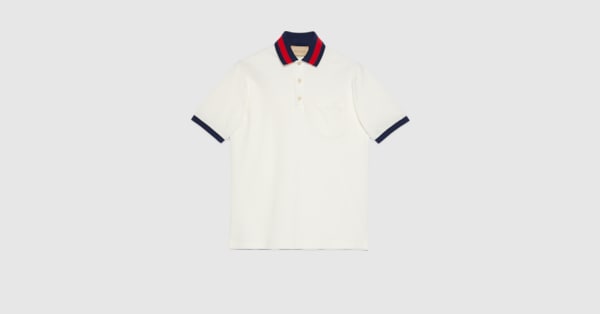 Cotton piquet polo with Web collar in ivory | GUCCI® US