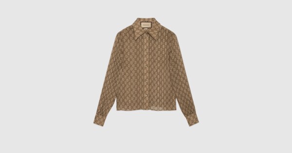 GG damier print silk shirt in beige and ebony | GUCCI® US