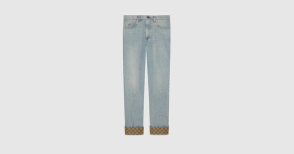 Washed denim pant with GG turn ups in light blue | GUCCI® Canada