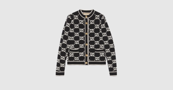 【送料&関税込】Gucci Black Wool Blend Cardigan Wool jacquard cardigan with intarsia in black | GUCCI® Canada