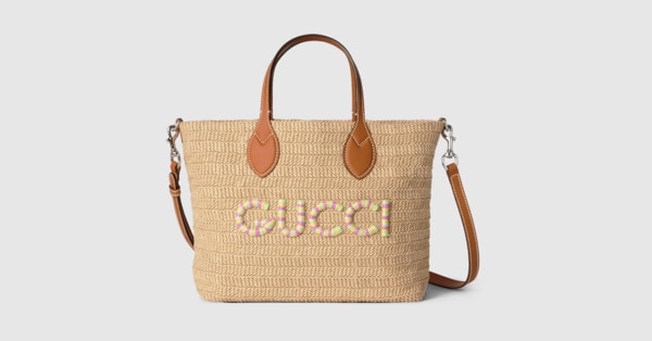 Small straw effect tote in natural straw effect raffia GUCCI AE