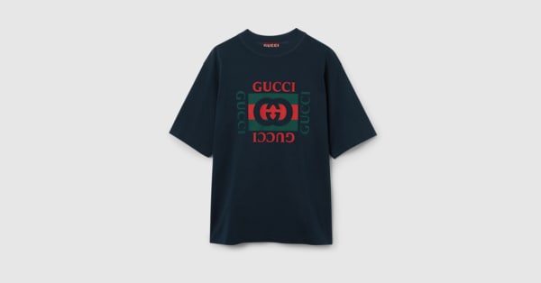 T-shirt in jersey di cotone con stampa Gucci in blu navy | GUCCI® IT