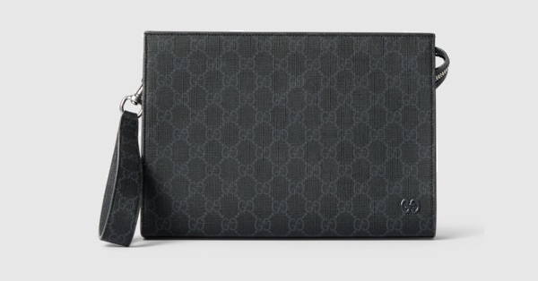 Grey trim small pouch in black GG Supreme canvas | GUCCI® US