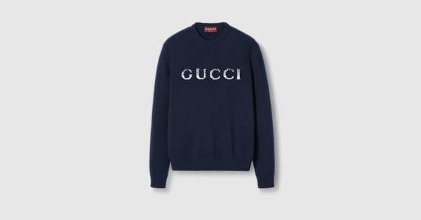Wool sweater with Gucci intarsia in dark blue | GUCCI® GR