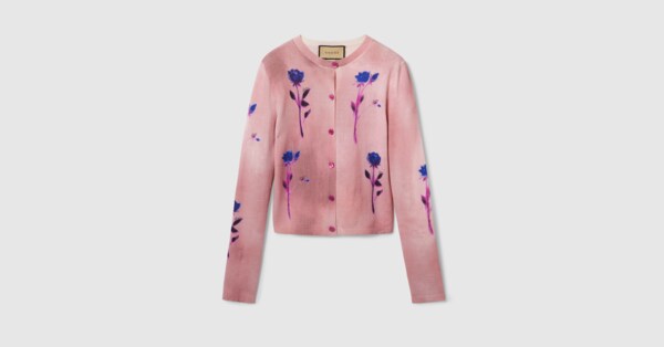 Floral print fine wool silk cardigan in pink | GUCCI® US