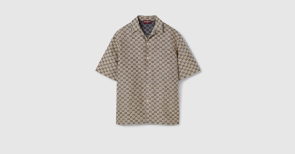 GG linen blend canvas shirt in beige and blue | GUCCI® US
