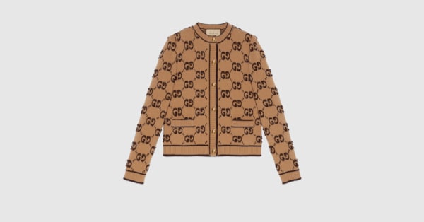 GG wool bouclé jacquard cardigan in camel and brown | GUCCI® US