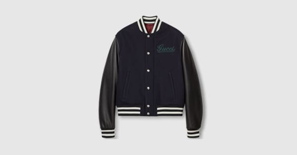 Wool and leather varsity jacket in navy GUCCI US