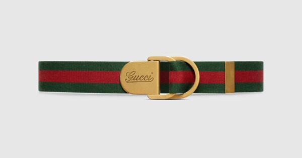 Web wide belt with Gucci script buckle in green and red canvas GUCCI US