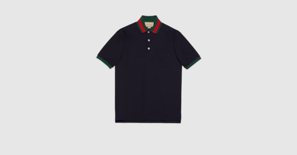 Cotton piquet polo with Web collar in navy | GUCCI® US