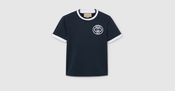 Cotton jersey T-shirt with embroidery in navy | GUCCI® US