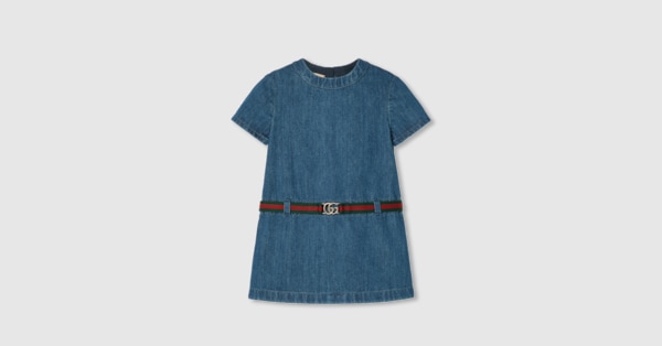GUCCI グッチ チルドレン ワンピース ダブルG コットン ドレス Children's denim dress with Web in blue | GUCCI® US