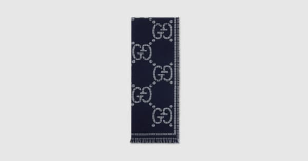 Check GG wool scarf in grey and blue | GUCCI® US