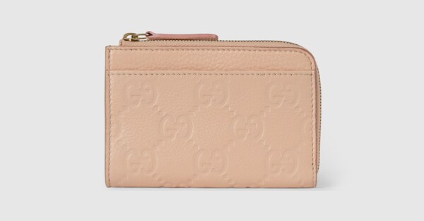 GG Emblem zip card case in light pink leather | GUCCI® US GG Emblem zip card case in light pink leather | GUCCI® US