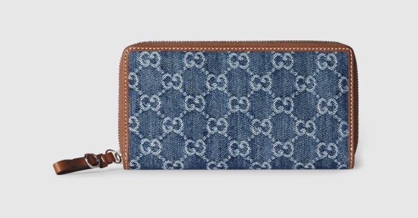 GUCCI　サイフ GGエンブレム〕ジップアラウンドウォレット ・ブルー＆アイボリー