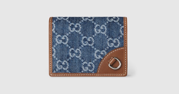 GG Emblem small wallet in blue and ivory denim | GUCCI® US