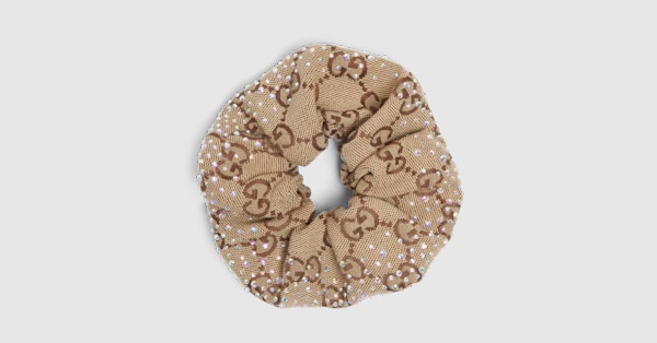 【GUCCI】GG Logo Canvas Scrunchie Beige Brown GG canvas scrunchie with crystals in brown and camel | GUCCI