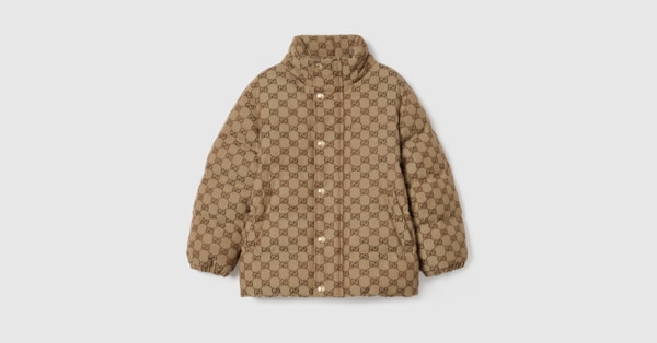 Children's GG canvas padded jacket in camel and dark brown
