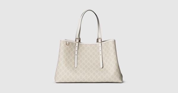 GG Emblem large tote bag in beige and white GG fabric | GUCCI® US
